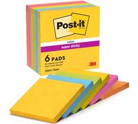 BLOC DE NOTAS ADHESIVAS QUITA Y PON POST-IT SUPER STICKY 76X76 MM CON 90 HOJAS PACK DE 6 BLOC COLORES SURTIDOS