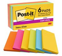 Post-It Notas Super Sticky Colección Carnival, Paquete de 6 Blocs de Notas, 90 Hojas por Bloc, 76x127 mm, Amarillo, Azul, Verde, Rosa, Naranja, Extra Adhesivas para Listas de Tareas y Recordatorios