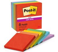 Post-It Notas Super Sticky Colección Playful Color, 6 Blocs 90 Hojas por Bloc, 76 mm x 76 mm, Rojo, Naranja, Amarillo, Verde, Azul, Morado - Extra Adhesivos para Listas de Tareas y Recordatorios