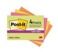Post-it Super Sticky Meeting Notes, Pack of 4 Pads, 45 Sheets per Pad, 203 mm x