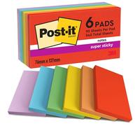 Post-It Super Sticky Notas Playful Color Collection Paquete de 6 Blocs de Notas, 90 Hojas por Bloc, 76x127 mm, Rojo, Naranja, Amarillo, Verde, Azul, Morado, para Listas de Tareas y Recordatorios