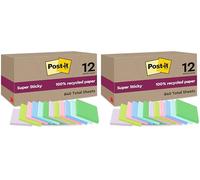 Post-it Super Sticky Notas Recicladas, 12 Blocs, 70 Hojas por Bloc, 47.6 mm x 47.6 mm, Rosa, Verde, Azul, Morado, Amarillo - Notas Extra Adhesivas Fabricadas con Papel 100% Reciclado (Paquete de 2)