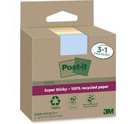 Post-it Super Sticky Notas Recicladas, 3 Blocs/Paquete + 1 GRATIS, 70 Hojas por Bloc, 76 mm x 76 mm, Rosa, Verde, Azul, Amarillo - Notas Extra Adhesivas Fabricadas con Papel 100% Reciclado