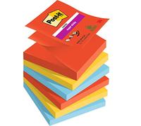 Post-it Z-Notas Super Sticky Colección Playful Color, Paquete de 6 Blocs de Notas, 90 Hojas por Bloc,76 mm x 76 mm, Rojo, Amarillo, Azul - Notas Extra Adhesivas para Listas de Tareas y Recordatorios