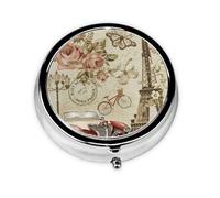 Postal vintage de París. Este pequeño pastillero redondo impreso es un organizador portátil de pastillas y vitaminas perfecto para bolsillos, bolsos y viajes.