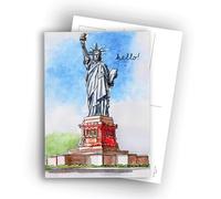 Postales de Nueva York - Ilustración en acuarela de la Estatua de la Libertad - "Hello" | Juego de 10 tarjetas planas (A6) - Reverso para escribir
