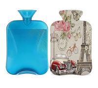Postcard Paris - Botella de agua caliente vintage con funda esponjosa, 2 L, gran capacidad, bolsa de agua para noches acogedoras, alivio del dolor, espalda, cuello y hombros