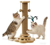 Poste rascador 4 en 1 y marco de escalada para gatos con cuerda de sisal natural, pista de bolas de madera, juguete de plumas y bola de felpa, deja que tu gato tenga tiempo libre para jugar, saltar