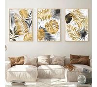 Póster abstracto de hoja de monstera tropical dorada, imágenes de naturaleza muerta en lienzo para decoración de pared de sala de estar (40x60cmx3/sin marco)