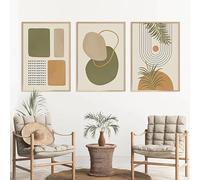 Póster abstracto geométrico de hojas en verde y beige estilo bohemio, lienzo impreso, arte de pared de mediados de siglo para sala de estar (60x90cm/sin marco)