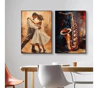 Póster abstracto vintage de instrumentos de concierto de jazz swing, banda y bailarines, lienzo pintado, decoración de pared para el hogar (60x80cm/2 piezas sin marco)
