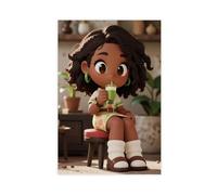 Póster artístico de anime de niña negra bebiendo matcha, decoración de dormitorio, paisaje, oficina, habitación, regalo, 24 x 36 pulgadas (60 x 90 cm)