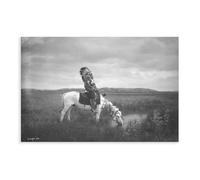 Póster artístico de Edward Curtis, guerrero Oglala americano indio a caballo en las tierras baldías con tocado de Edward Curtis