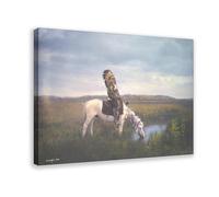 Póster artístico de guerrero Oglala americano indio a caballo en las tierras baldías con tocado en color, lienzo e impresión artística para pared, diseño moderno de familia