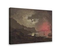 Póster artístico de Joseph Wright of Derby - Una vista del Vesubio desde Posillipo Nápoles y arte de pared, marco moderno para decoración de dormitorio familiar, 12 x 18 pulgadas