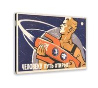 Póster artístico de propaganda de la Unión Soviética con texto en inglés "The Way Is Open for A Human Ser, Propaganda de la Unión Soviética" y arte de pared, marco moderno para decoración de