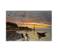 Póster artístico en lienzo con texto "Hauling A Boat Ashore, Honfleur by Claude Monet" y arte de pared, impresión moderna para dormitorio, sin marco, 61 x 91 cm