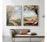 Póster artístico vintage de casa rural con flores silvestres, campo, impresiones en lienzo, pintura para decoración del hogar (60 x 90 cm, 2 unidades)