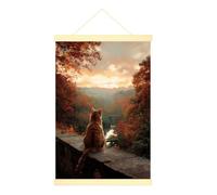 Póster colgante de lienzo con diseño de gato, paisaje de naturaleza, hojas de otoño, río, otoño, naranja, póster colgante con marcos, dormitorio, oficina, aula, decoración de 16 x 24 pulgadas