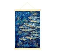 Póster colgante de lienzo con diseño de peces, abstracto, contemporáneo, espirales azules, olas azules, póster colgante con marcos, decoración para el hogar, aula, oficina, cubículo, 16 x 24 pulgadas