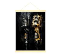 Póster colgante de lienzo con micrófono, arte de pared, vintage, industrial, vintage, música negra, póster de pared negro con marco, para dormitorio, sala de estar, oficina, decoración de 12 x 16