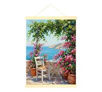 Póster colgante de lienzo de buganvilla para pared, mesa de silla costera mediterránea, póster verde de verano con marco, decoración de cubículo de cocina, baño, 12 x 16 pulgadas