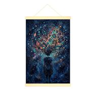 Póster colgante en lienzo de árbol, arte de pared, silueta de estrellas de fantasía, surrealismo, N/A, póster colgante azul con marcos, decoración de sala de estar, dormitorio universitario