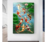 Póster con impresión artística en lienzo de carpa, ideal para decorar tu sala de estar, dormitorio. Pintura abstracta de peces koi y flores de loto para el hogar, 60x80cm (24x31in), sin marco