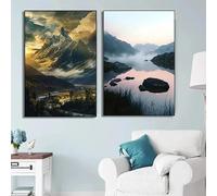 Póster con paisaje natural del mundo, mar, montañas y ríos. Cuadro en lienzo para sala de estar o decoración del hogar (50x70cm x 2/marco interno).