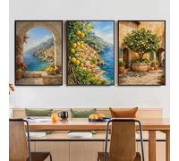 Póster con vista a la costa mediterránea de una villa retro con jardín de granados, cuadros de arte para pared, pintura sobre lienzo para decoración del hogar (30x40cm-3 piezas)