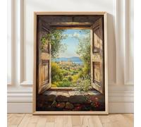 Póster con vista a una ventana griega, paisaje de templo antiguo, impresiones en lienzo, pintura rústica de Grecia, escena de olivo, decoración del hogar (35x50cm)