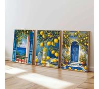 Póster costero de la costa de Amalfi, Italia mediterránea, color azul limón, ventana de viaje, paisaje, lienzo impreso para decoración del hogar (70x100cmx3/marco interno)