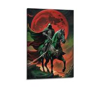 Póster cristiano con ilustración de caballero misterioso a caballo bajo la luna roja, póster decorativo de lienzo para pared e imagen artística moderna para decoración de dormitorio familiar, 50 x 75