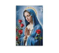 Póster cristiano con ilustración de la Virgen María orando con rosas rojas, póster decorativo de lienzo para pared e impresión artística moderna para decoración de dormitorio familiar, 16 x 24