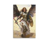 Póster cristiano de ángel guerrero glorioso con armadura brillante con alas y espada, póster decorativo de lienzo para pared e imagen artística moderna para decoración de dormitorio familiar, 20 x 30