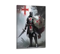 Póster cristiano de caballero medieval con armadura con símbolo de cruz roja, póster de arte religioso, pintura decorativa, lienzo, póster de pared e imagen artística moderna para decoración de