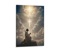 Póster cristiano de Jesús orando en una roca con cruz en nubes, ilustración religiosa, póster decorativo, lienzo, póster de pared e impresión artística moderna para decoración de dormitorio familiar