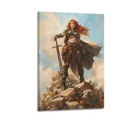 Póster cristiano de mujer guerrera pelirroja con espada de pie sobre rocas, póster decorativo de lienzo para pared e impresión artística moderna para decoración de dormitorio familiar, 50.8 x 76.2 cm