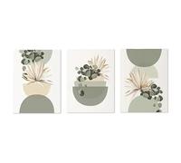 Póster de 3 piezas de bohemio verde y beige con bloques de color salvia, estilo bohemio de mediados de siglo, lienzo fresco para pared de dormitorio (50 x 70 cm/sin marco)