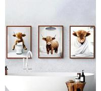 Póster de 3 piezas de vaca de granja con un divertido y caprichoso diseño de amante de las vacas escocesas lienzo para decoración de baño arte de pared 20 x 30 cm marco interior