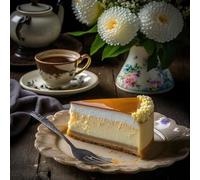 Póster de 70 x 70 cm - Delicioso y suave pastel de queso en el plato. Pastel de postre orgánico saludable de verano tarta de queso de vainilla KI (199321396)