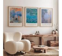 Póster de acuarela con diseño de nenúfar y amanecer de Monet, arte de pared minimalista, impresión en lienzo, pintura, carteles, decoración del hogar para sala de estar (30 x 40 cm, 3 marcos internos)