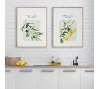 Póster de acuarela con hojas de aceitunas y limón, lienzo, impresiones de comida mediterránea, arte de pared, imágenes para cocina, decoración del hogar, 50 x 75 cm, 2 unidades, sin marco