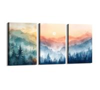 Póster de acuarela de bosque y amanecer, paisaje natural, bosque, decoración de pared, impresiones botánicas de otoño, serenidad moderna, montaña escénica para decoración de sala de estar (SKU1-3