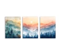 Póster de acuarela de bosque y amanecer, paisaje natural, bosque, decoración de pared, impresiones botánicas de otoño, serenidad moderna, montaña escénica para decoración de sala de estar (SKU1-3