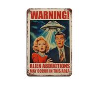 Póster de advertencia de zona alienígena decorado con ovnis, letrero de estaño vintage de metal, pub, club, cafetería, bar, hogar, decoración de pared, póster retro de 20 x 30 cm