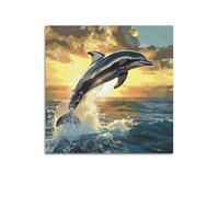 Póster de animales marinos, delfines saltando del mar bajo la puesta de sol, póster decorativo de lienzo para pared e impresión artística moderna para decoración de dormitorio familiar, 40 x 40 cm