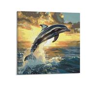 Póster de animales marinos, delfines saltando del mar bajo la puesta de sol, póster decorativo de lienzo para pared e impresión artística moderna para decoración de dormitorio familiar, 30 x 30 cm