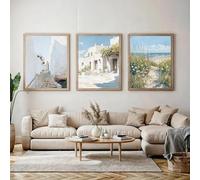 Póster de arquitectura rústica vintage de pueblo griego con paisaje costero, lienzo pintado para pared, decoración del hogar (70x100cmx3/marco interno)