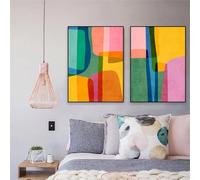 Póster de arte de pared colorido y vibrante con tonos, líneas, impresiones abstractas, formas redondeadas, lienzo, decoración para dormitorio infantil, 70 x 100 cm (28 x 39 pulgadas) x 2 con marco